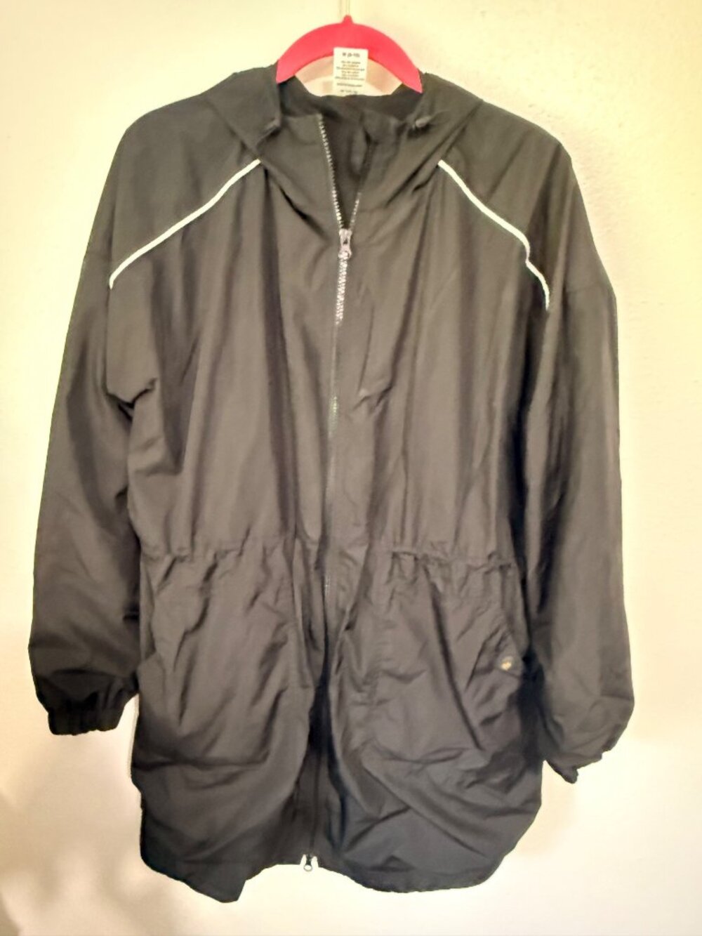 Avia Windbreaker/Rain Jacket Black White Piping Hood Pockets Womans M